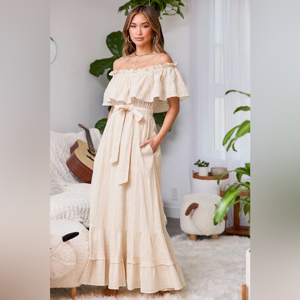 Lulus Beige Tiered Off-the-Shoulder Maxi Dress